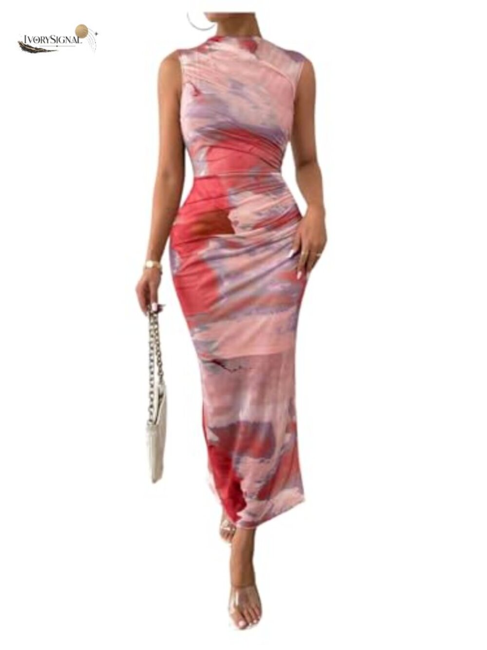 Mock Neck Bodycon Maxi Dress Sleeveless Sheer Mesh Ruched Party Cocktail